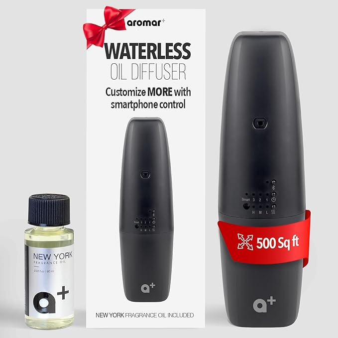 AROMAR Waterless Plug-in Aroma Diffuser - Cold-Air Essential Oil Machine, App-Controlled, Covers 500 Sq.Ft - 'New York' Scent Included - Perfect for Home, Office, & Business use - Black