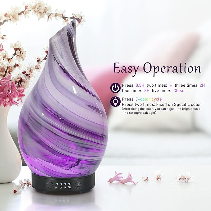 Essential Oil Diffuser 120ml Ultrasonic Aromatherapy Diffuser with Handmade Glass with Auto Shut-Off Protection 4 Timer Setting 7 Colors Changed LED Diffuser for Home Yoga Office Gifts for Women