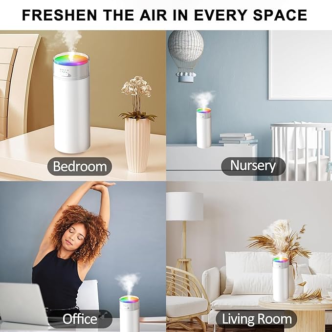 Portable Bedroom Humidifier, Rechargeable Car Mounted Humidifier, 500ml Thick Fog Timed Colorful Cup Humidifiers, Suitable for Small Air Humidifierss in Bedrooms, Cars, Offices & Travel (White)
