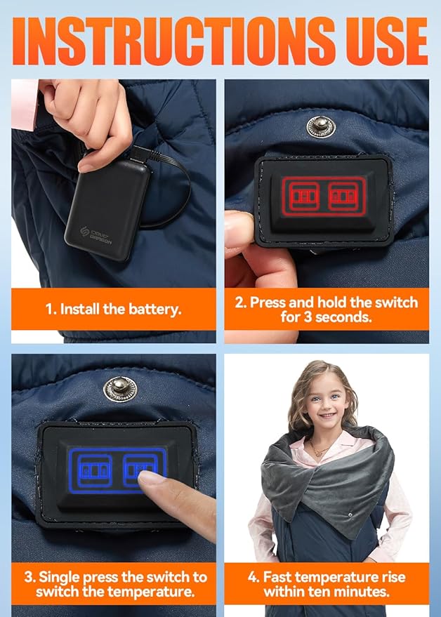 Kids Heated Blanket Battery Operated - Boys and Girls 7.4V DC Portable Cordless USB Heating Blanket for Outdoors