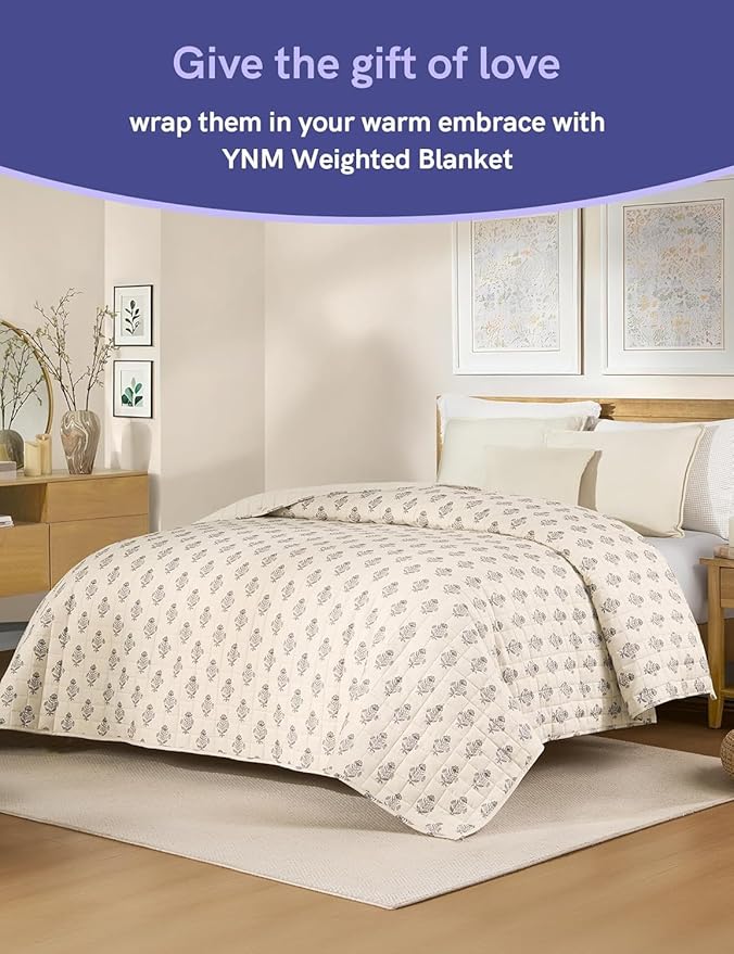 YnM 12lbs Weighted Blanket for Adults, Linen Heavy Bed Throw Blanket with Cooling Glass Beads for All Season Use, Ideal for ~110lbs (60x80 Inches, Queen, Damask)