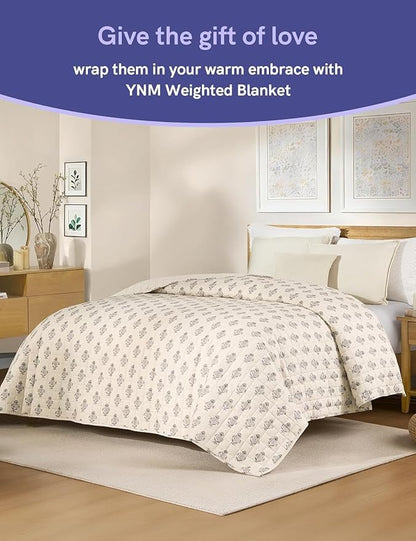 YnM 12lbs Weighted Blanket for Adults, Linen Heavy Bed Throw Blanket with Cooling Glass Beads for All Season Use, Ideal for ~110lbs (60x80 Inches, Queen, Damask)