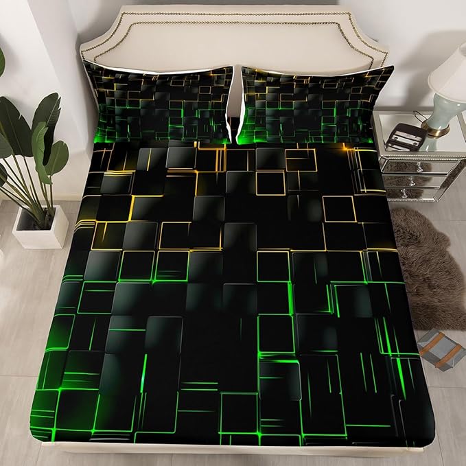 Manfei Yellow and Green Sheet Set Queen Size, Abstract Geometric Grid Bed Sheet Set 4pcs with Deep Pocket Fitted Sheet + Flat Sheet + 2 Pillowcases, Black Square Lattice Bedding Set for Kids Boys Teen