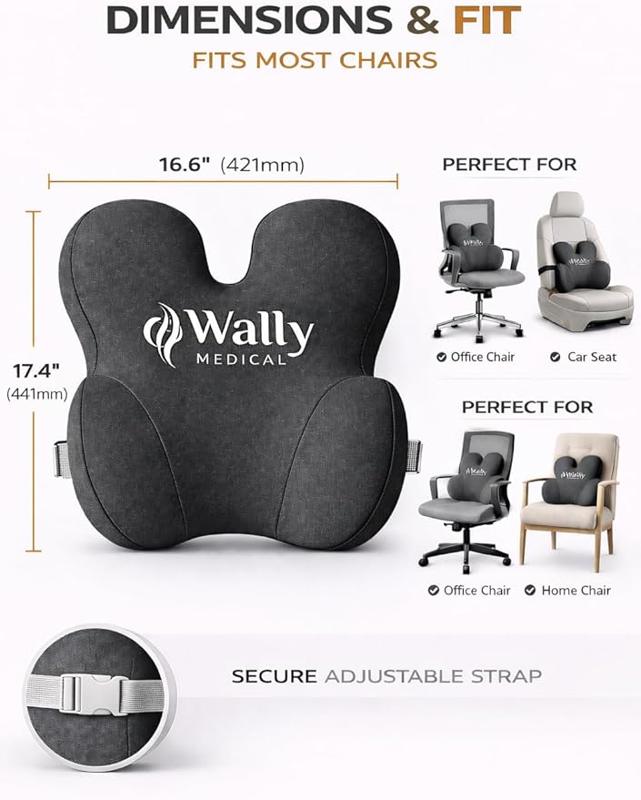Luxury Lumbar Support Pillow for Office Chair & Car Seat – High-Density Memory Foam Ergonomic Back Support Cushion – Adjustable Strap, Removable Washable Cover – Includes Bonus Massage Roller