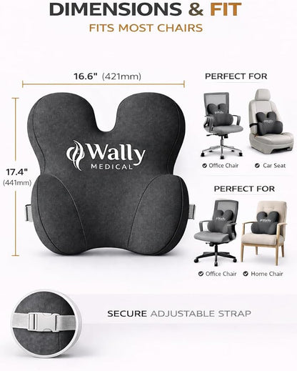 Luxury Lumbar Support Pillow for Office Chair & Car Seat – High-Density Memory Foam Ergonomic Back Support Cushion – Adjustable Strap, Removable Washable Cover – Includes Bonus Massage Roller