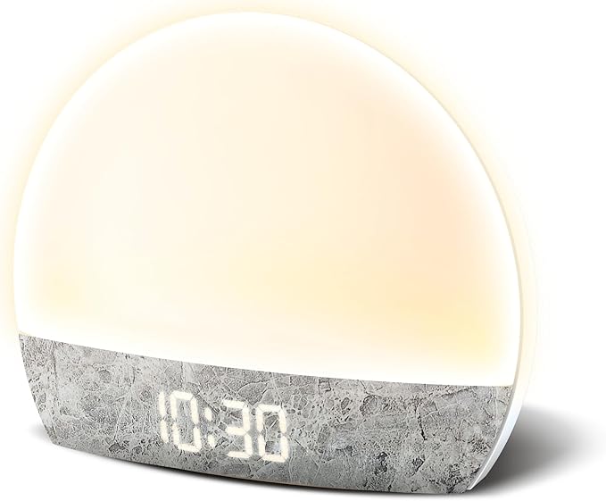 Swissbrand Sunrise Alarm Clock with Multicolor LED Light, USB Charging & Indoor Temperature – Concrete-Print Digital Clock for Bedroom Nightstand