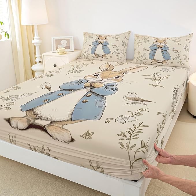 Happy Easter Bed Sheet Full Size Cartoon Cute Rabbit Bird Bedding Set Spring Plants Farmhouse Fitted Sheet Kids Boys Girls Room Decor Beige Soft Sheets with 2 Pillowcase,No Top Flat