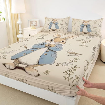 Happy Easter Bed Sheet Full Size Cartoon Cute Rabbit Bird Bedding Set Spring Plants Farmhouse Fitted Sheet Kids Boys Girls Room Decor Beige Soft Sheets with 2 Pillowcase,No Top Flat