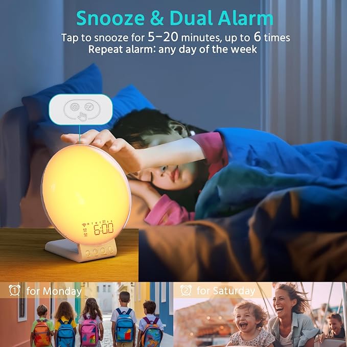 MOMILLA Sunrise Alarm Clock Smart, 3 in 1 Wireless Charging Station, App Control Sound Machine White Noise, Sunset Lamp, Night Light Wake up Light in Bedroom for Heavy Sleepers, Kids