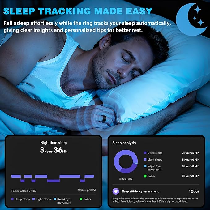 Smart Health Ring for Men Women, Fitness Tracker Ring with Sleep Monitoring, Heart Rate, SpO2, IP68 Waterproof, Step Counter Calorie Tracker Health Rings (Black 7)
