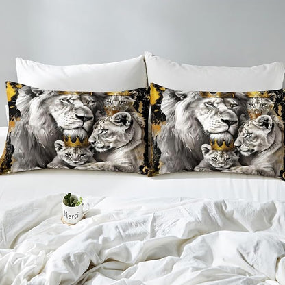 Manfei Lion Family Kids Fitted Sheet Twin Size,Gold King and Queen Crown Bedding Set,Boys Men Room Decor,Tropical Wild African Animal Hunting Adventure Bed Cover,Grey Bed Sheet,1 Pillowcase