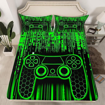 Gamer Gamepad Kids Sheet Queen Size,Videogaming Controller Fashion Bedding Set,Boys Girls Room Decor,Modern Geometric Honeycomb Hexagon Green Neon Bed Sheet Set 4pcs(Fitted + Flat + 2 Pillowcases)