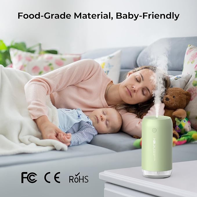 Portable Mini Humidifier, KQLKJ 350ml Small Cool Mist Humidifiers, USB Personal Desktop Humidifier for Bedroom Car Office Travel with Auto Shut-Off & 2 Mist Modes (Green)