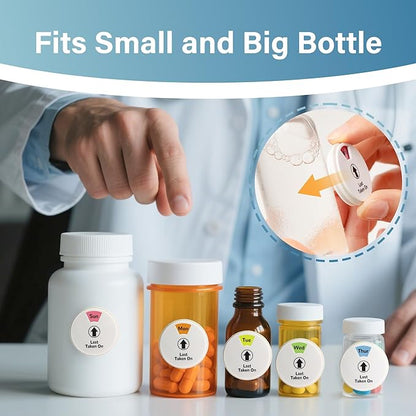 2 Pack 7-Day Pill Reminder Tracker 2-in-1 Magnetic & Adhesive – Stick to Plastic or Glass Bottles, or Attach Magnetically to Fridge/Metal Surfaces – Reusable for Medications, Vitamins, Pet Medicine