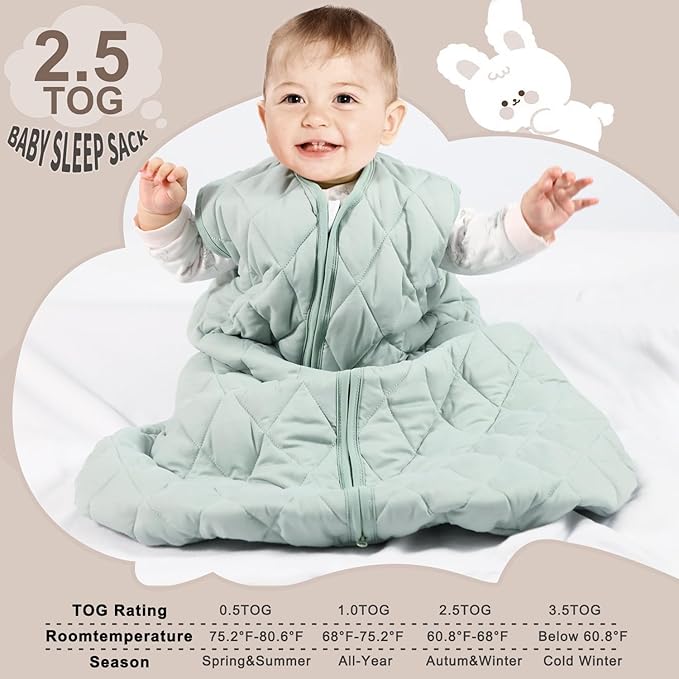 Baby Sleep Sack TOG 2.5 Winter Baby Wearable Blanket, Infant Sleeping Sack 2-Way Zipper Warm Quilted Sleepsack (Green, Medium)