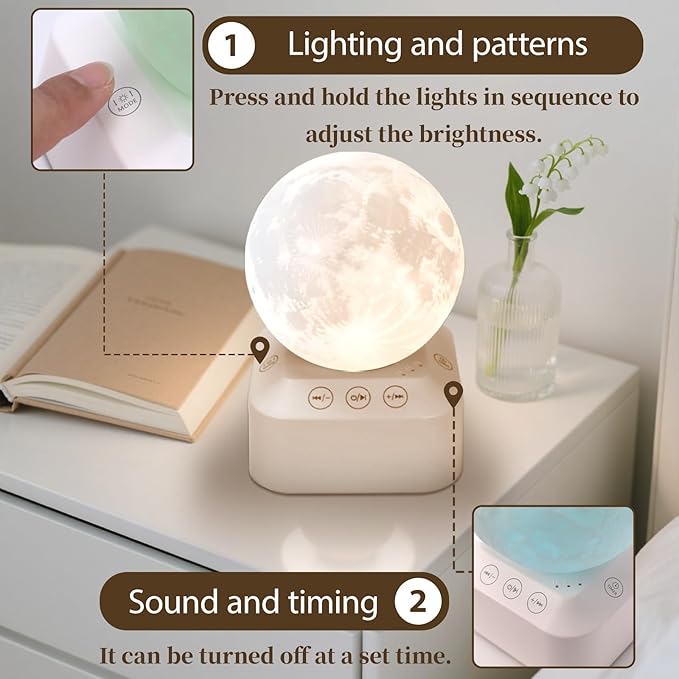 White Noise Sleep Machine with Moon Lamp Night Light,24 Soothing Sounds,Adjustable RGB Color Changing,Sleep Aid for Babies & Adults,Timer & Type-C Rechargeable,Reduces Stress & Improves Sleep Quality