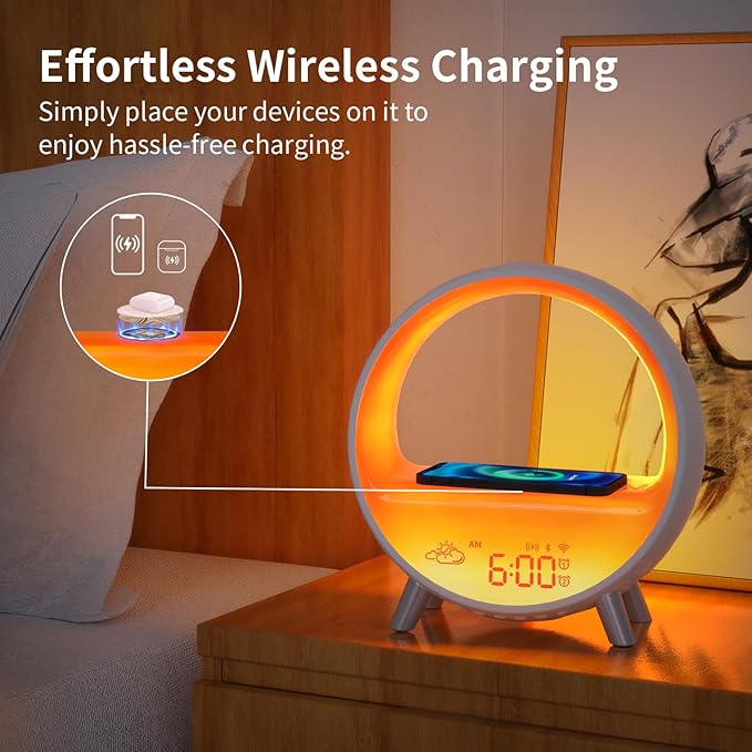 MOMILLA Smart Alarm Clock with Wireless Charging Station, Wake up Light w/Bluetooth Speaker, Compatible with Airpods/iPhone, APP Control White Noise Sound Machine, Sunrise Alarm Clocks for Bedrooms