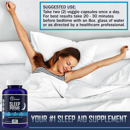 Sleep Prime Vegan Natural Sleep Aid for Adult Extra Strength - Deep Sleep Supplement - Herbal Sleeping Pill - Stress Relief - Melatonin, GABA - 60 Veggie caps