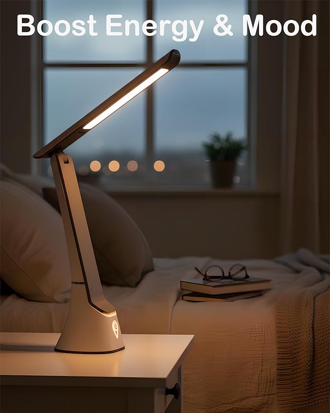 Light Therapy Lamp, 10000 LUX LED Desk Sunlight Lamp, UV-Free Full Spectrum Mood Lighting with Night Light, Rechargeable for Home Office, Leather-Like Texture