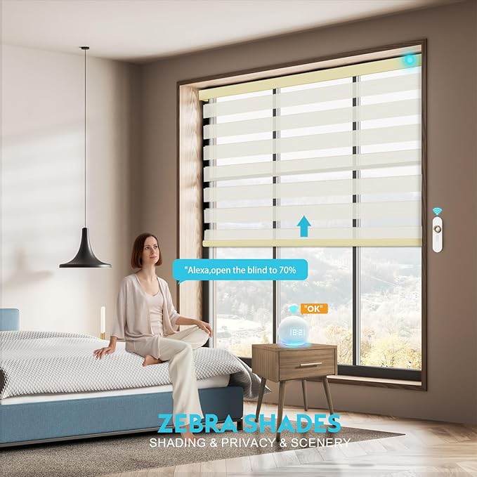 Motorized Zebra Blinds with Remote Smart Blind Work with Homekit Alexa SmartThings Electric Day and Night Shade Cordless Automatic Solar Powered Window Shade Customize(Wooden Texture Beige)