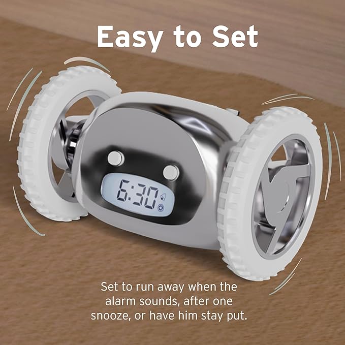 CLOCKY Extra Super Loud Alarm Clock for Heavy Sleepers Adults Kids Teens Bedroom, Move Jump Roll Run Away Easy to Set Smart Digital Mirror Alarm Clock on Wheels -Funny Gag Gift (Chrome)