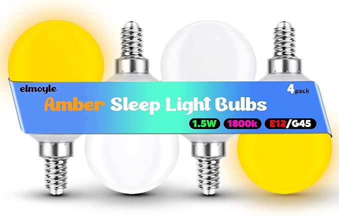 E12 Candelabra Base Amber Sleep Light Bulbs 1.5w, 1800k Low Brightness Night Light Bulb 15 Watt Equivalent, E12 G45 Warm Amber Light Bulbs 130lm for Healthy Sleep, Bedroom, Non-Dimmable, 4 Pack