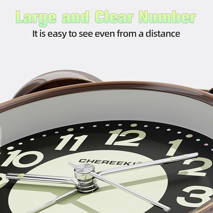 CHEREEKI Loud Alarm Clock for Heavy Sleepers Adults, Silent Non Ticking Analog Clock with Backlight, Luminous Dial, Battery Operated Alarm Clock for Bedroom, Included Battery, Vintage Copper