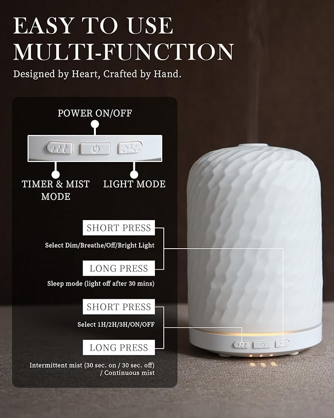 Essential Oil Diffuser – 2.4MHz Ultrasonic Aromatherapy Diffuser, Health Night Light, Timer & Auto Shut-Off, BPA-Free, 120ml Ceramic Oil Diffuser for Home, Office, or Spa, Yoga