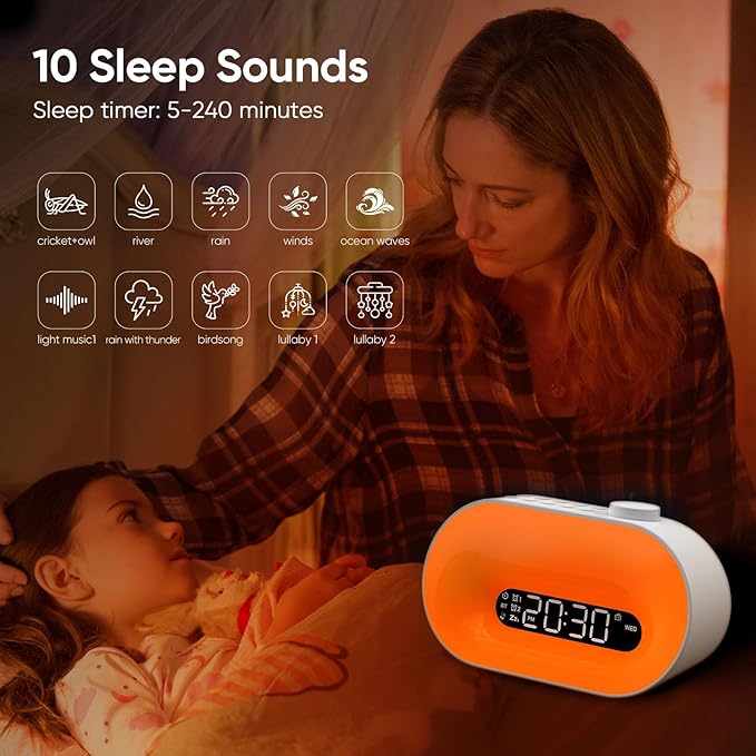 Sunrise Alarm Clock Wake Up Light, Gradual Sunlight Lamp Clock, Sound Machine with 10 Soothing Sounds, FM Radio, Nightlight, Bluetooth Speaker, Digital Clock for Bedroom, Kids, Heavy Sleepers Adults