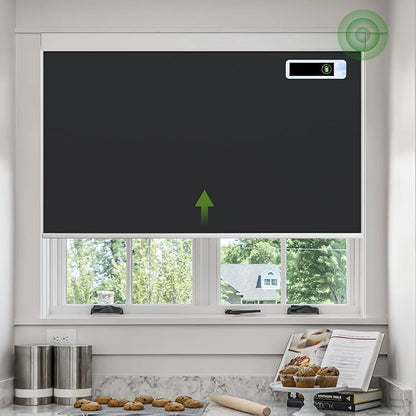 Motorized Roller Blinds, Blackout Automatic Shades with Solar Panel Cordless Smart Blinds for Windows, Custom Electric Blinds Horizontal Roller Shades with Remote Control,Black,32" W X 72" H