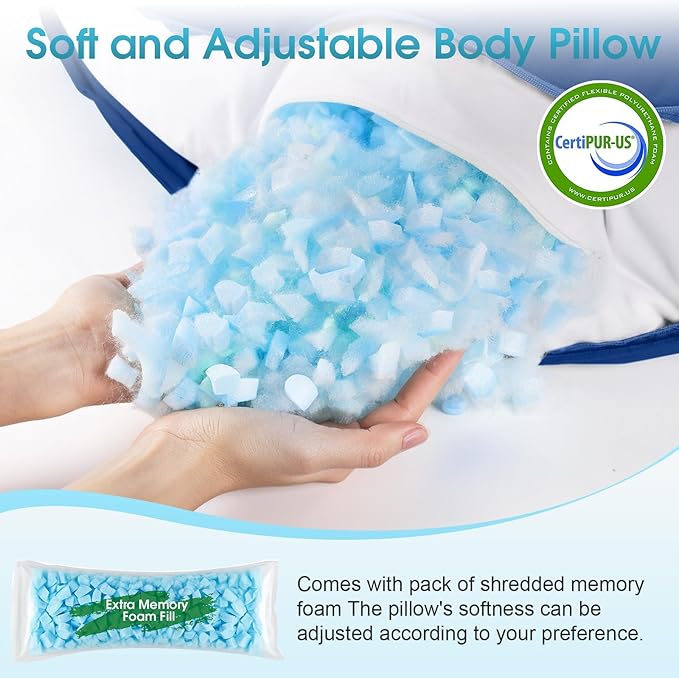 Body Pillow, Long Pillow, Memory Foam Body Pillow, C-Shaped Side Sleep Pillow, Machine Washable Pillowcase, Dark Blue-53”×10”