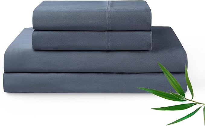 YnM Cooling Bed Sheet Set with 100 Percent Rayon Derived from Bamboo, 400TC Fabric with 2 Pillowcases and Flat Sheet, Deep Pocket Fit 19'', Silky-Soft & Sweat Wicking, 4 Piece (Queen, Blue Grey) …