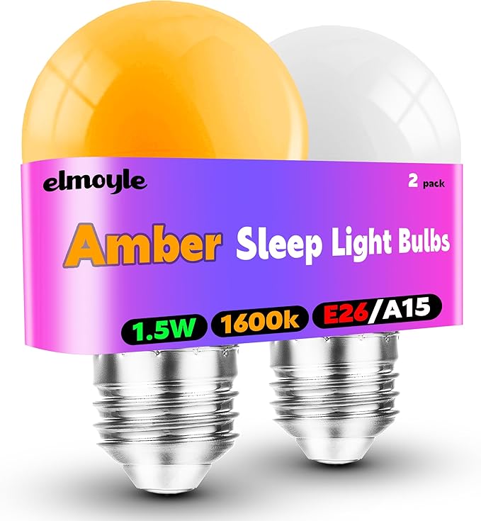 Amber Sleep Light Bulbs 1600k, 1.5W Low Brightness Night Light Bulb 130lm, A15 Blue Light Blocking 15w Equivalent, E26 Warm Amber Light Bulbs for Bedroom, Nursery, Healthy Sleep, Non-Dimmable, 2 Pack