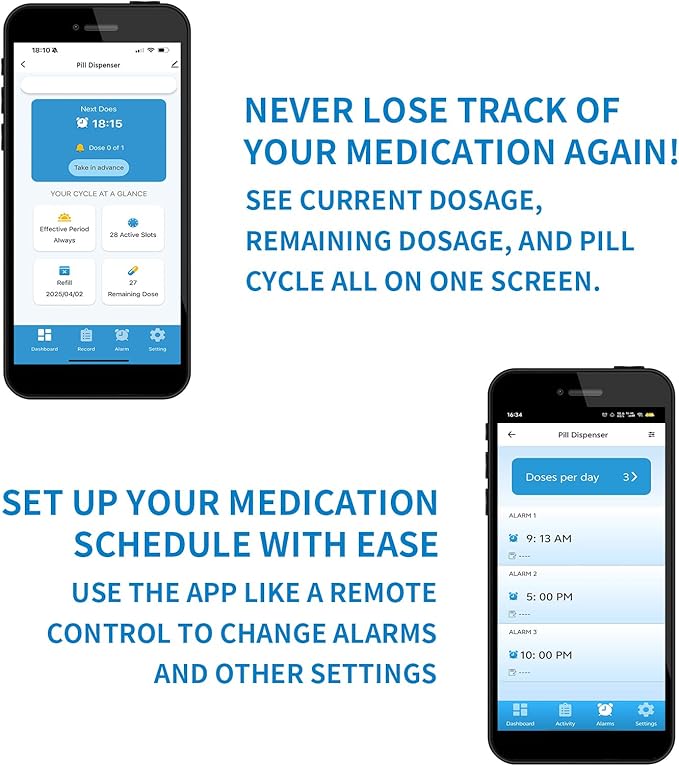 EziMedPil Bluetooth Pill Dispenser w/Audio & Visual Alerts, SmartLife Setup, up to 9 Alarms/Daily, 9 Dosage Templates, LCD Display, Lock Medication Dispenser w/Key for Prescriptions & Vitamins, Clear