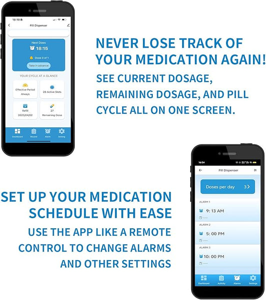 EziMedPil Bluetooth Pill Dispenser w/Sound & Light Alerts, up to 9 Alarms/Daily, Key Lock, LCD & Easy Setup on SmartLife App, 28-Day Medication Dispenser for Prescriptions, Vitamins & More, Clear Lid