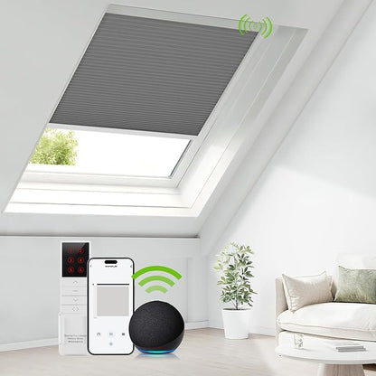 ZSTARR Motorized Skylight Shades Blackout Cellular Honeycomb Electric Blinds with Solar Panel Cordless Rechargeable with Remote for Roof and Slanted Windows Custom Size (LF Gravel)