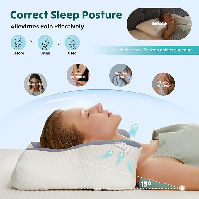 DUMOS Cervical Neck Pillow, Cooling Ergonomic Memory Foam Pillows for Neck Pain Relief with Breathable Pillowcase, Dual Height Orthopedic Support Contour Pillow for Side, Stomach Sleepers, Dark Grey