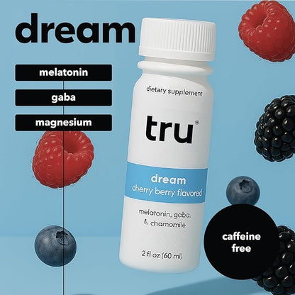 Tru Dream Shot, Cherry Berry Flavored Deep Sleep Aid Shots - Zero Sugar Calm Sleep Drink plus Melatonin, GABA, Chamomile - Caffeine Free, GF, Keto, Natural Flavors, Vegan Supplement, 2oz (Pack of 24)