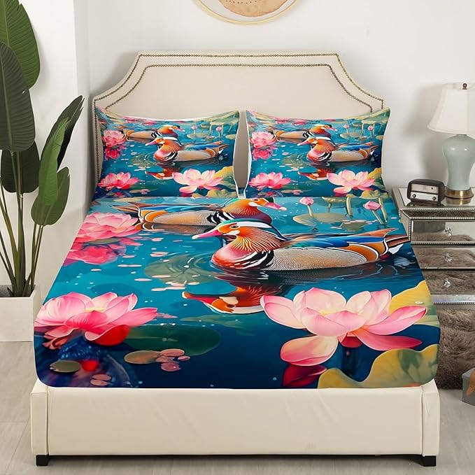 Manfei Rustic Duck Fitted Sheet Set with 2 Pillowcases,3D Print Lake House Farmhouse Animal Bed Sheet Teens,Pink Lotus Botanical Leaves Natural Top Flat Sheet Luxury Microfiber,Queen Size