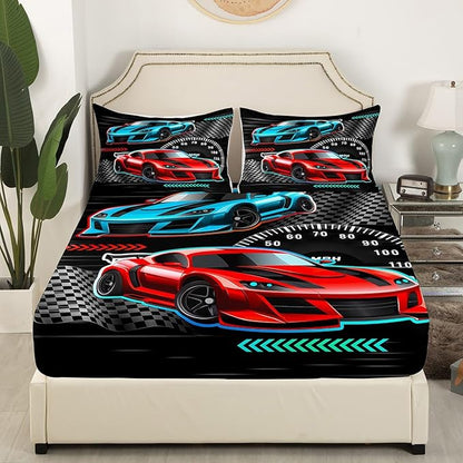 Colorful Sports Car Fitted Sheet Queen Size Extreme Sports Theme Bedding Sheet Set,Racing Car Bed Cover Ultra Soft Breathable Bedding 3 Pcs