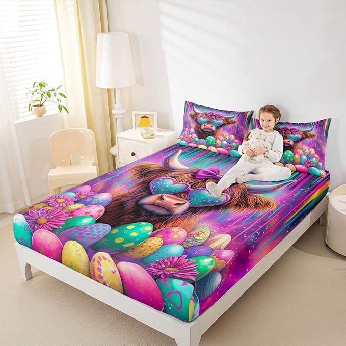Highland Cow Bed Sheet Queen Size Happy Easter Eggs Cartoon Bedding Set Funny Animal Farmhouse Fitted Sheet Kids Boys Girls Room Decor Purple Colorful Soft Sheets with 2 Pillowcase,No Top Flat
