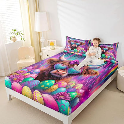 Highland Cow Bed Sheet Queen Size Happy Easter Eggs Cartoon Bedding Set Funny Animal Farmhouse Fitted Sheet Kids Boys Girls Room Decor Purple Colorful Soft Sheets with 2 Pillowcase,No Top Flat