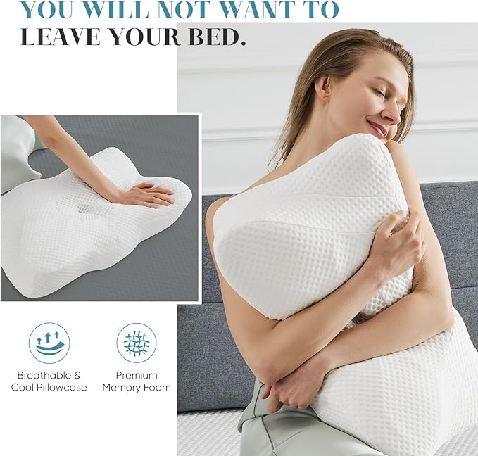 Sweetcrispy Cervical Pillow for Neck and Shoulder - 2 Pack Ergonomic Memory Foam Pillows, Contour Side Sleeper for Adults, Cooling Orthopedic Neck Support for Back Stomach Sleepers, White
