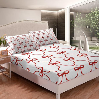 Red Bowknots Fitted Sheet,Dreamy Bow-tie Ribbon Geometric Soft Decorative Fabric Bedding Princess Fairy Tale Theme Red and White Pocket Twin Size with 1 Pillowcase