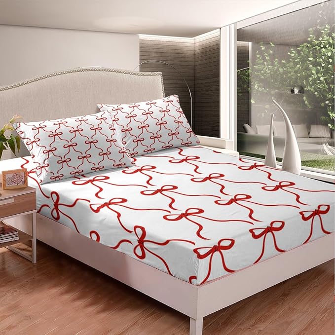Red Bowknots Full Size Fitted Sheet,Dreamy Bow-tie Ribbon Geometric 3 Pieces Kids Teenager Room Decor Princess Fairy Tale Theme Red and White Pocket 2 Pillowcases