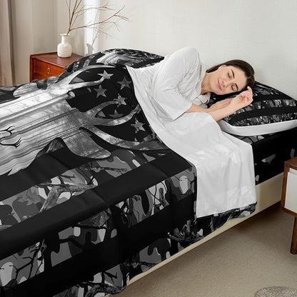 Deer Antlers Silhouette Sheet Set Queen,Camouflage American Flag Bedding Set for Kids Teens Adults, Camo Wild Animal Natural Bed Sheet 4pcs with Deep Pocket Fitted Sheet + Flat Sheet + 2 Pillowcases