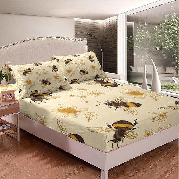 Honeycomb Bee Kids Fitted Sheet Full Size,Hand Drawn Flowers Leaves Rustic Bedding Set,Boys Girls Room Decor,Wildlife Animals Farmhouse Bed Cover,Yellow Beige Bed Sheet,2 Pillowcases