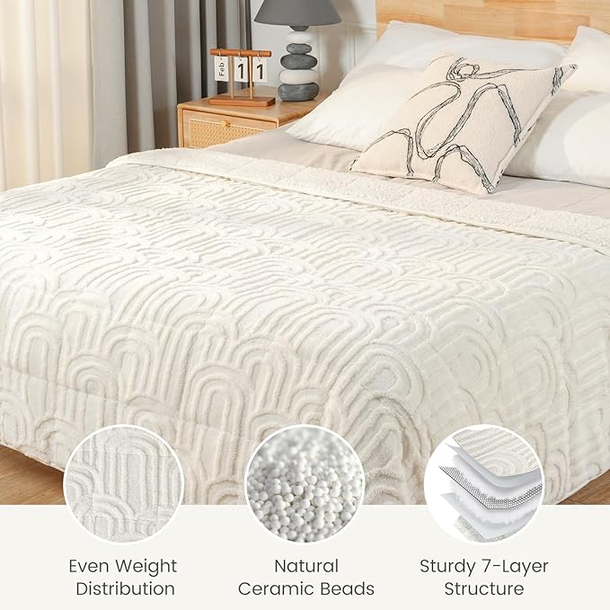 Sherpa Fleece Adult Weighted Blanket Great for Sleep, 15 lbs Dual Sided Soft Fuzzy Heavy Blankets for Couch Bed Sofa, Cozy Warm Arched Jacquard Throw for Winter (Cream White, 48" x 72", 15 Pounds)