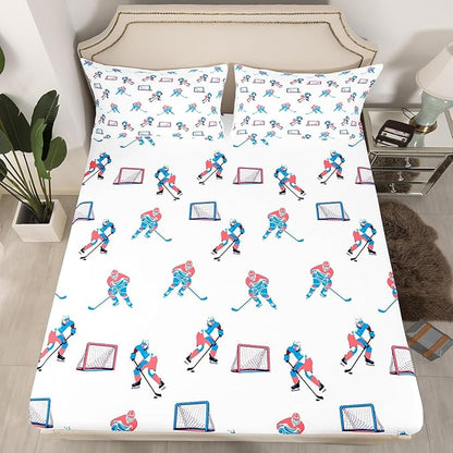 Manfei Hockey Players Bed Sheets Twin Size, Easy Wash Bedding Set,Winter Sports Games Kids Room Decor,White Blue Sheet(Fitted+Flat+1 Pillowcase)