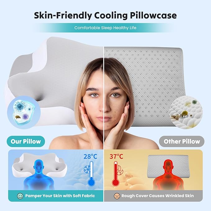 Sweetcrispy Cervical Pillow for Neck and Shoulder,Contour Memory Foam Pillow,Ergonomic Neck Support Pillow for Side Back Stomach Sleepers with Pillowcase, Grey